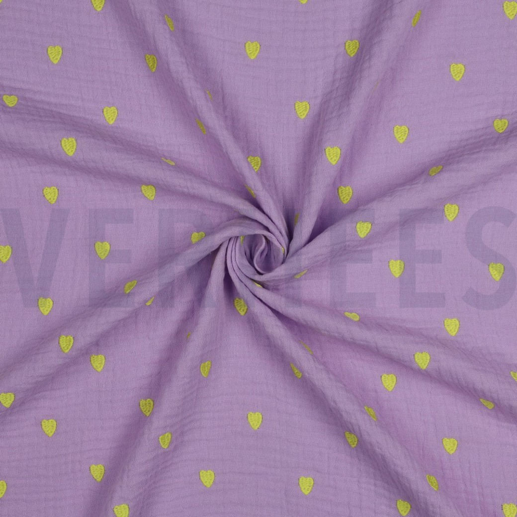 DOUBLE GAUZE EMBROIDERY NEON HEARTS LAVENDER #3