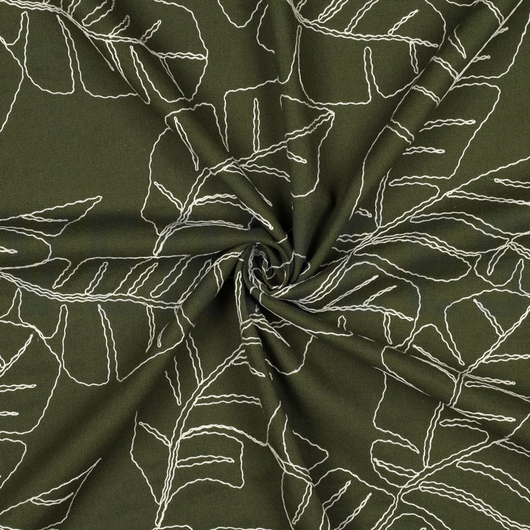 LINEN VISCOSE EMBROIDERY LEAVES FOREST GREEN #3