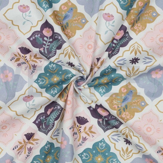 FINE POPLIN DIGITAL BIRDS & FLOWERS WHITE #7