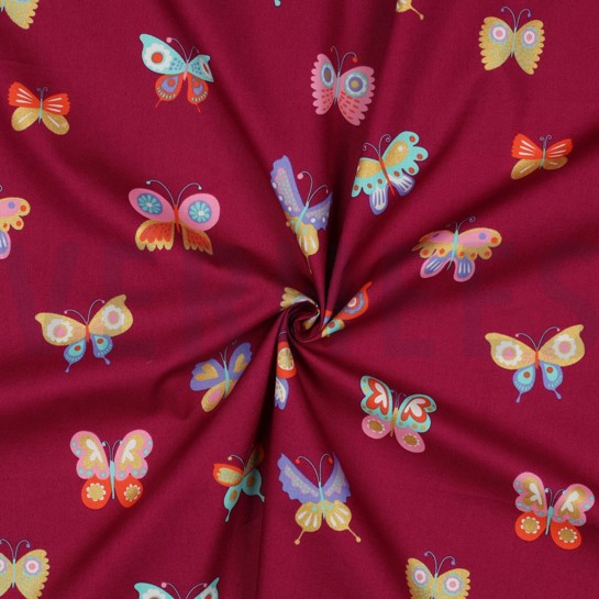 BAUMWOLLE POPELINE FOLIE SCHMETTERLINGE FUCHSIE #7