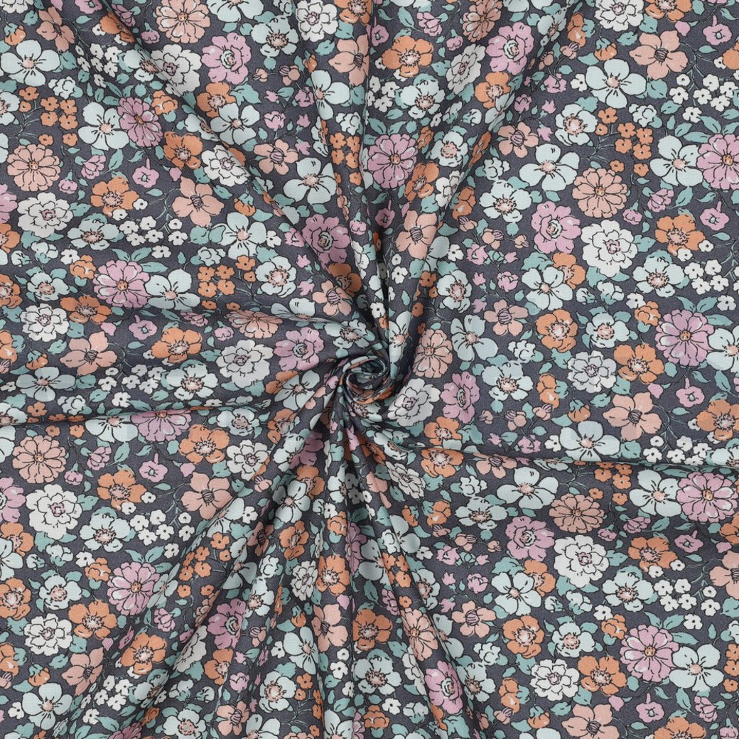 FINE POPLIN GOTS FLOWERS NAVY #3
