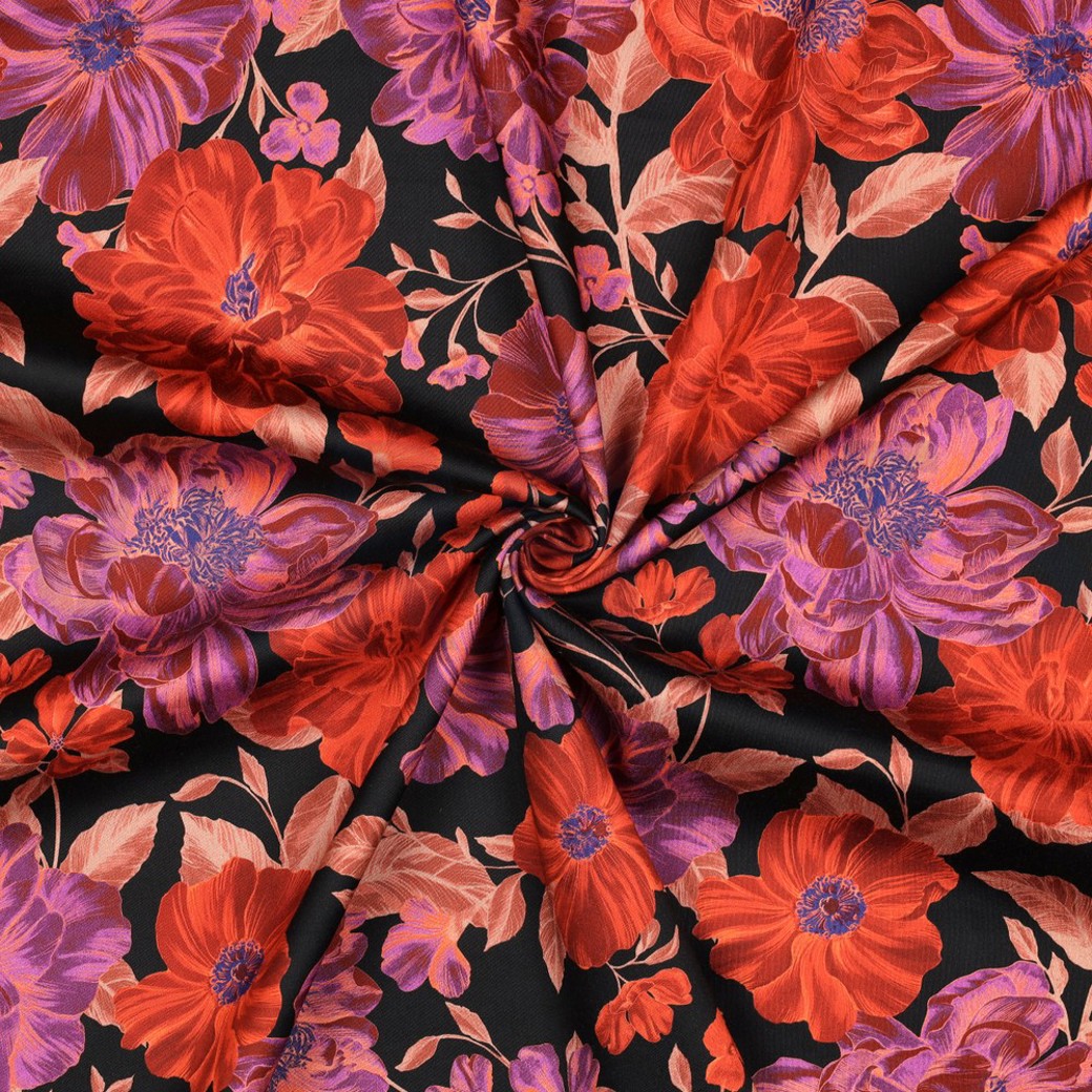 COTTON SATIN DIGITAL FLOWERS BLACK / RED #3