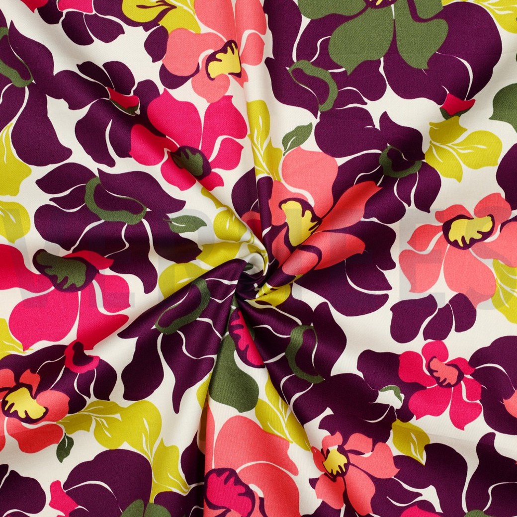 COTTON SATIN ABSTRACT FLOWERS DARK PURPLE / SALMON #3