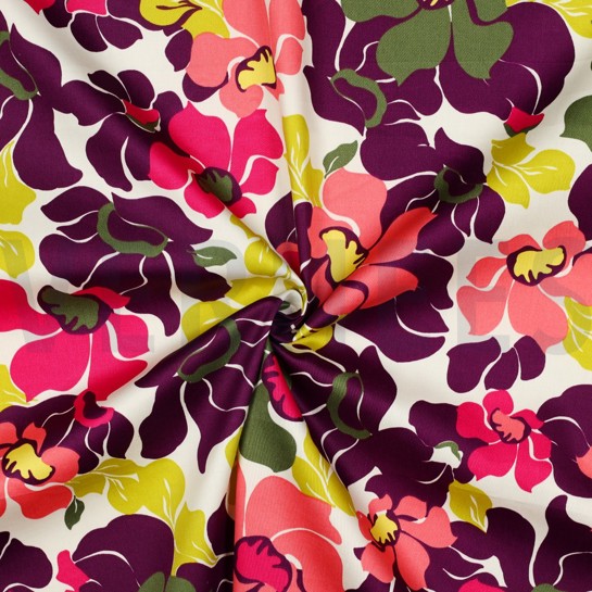 KATOEN SATIJN ABSTRACTE BLOEMEN DONKERPAARS / ZALM #7