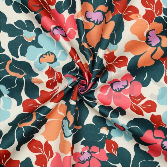 KATOEN SATIJN ABSTRACTE BLOEMEN DONKERGROEN / PERZIK #7