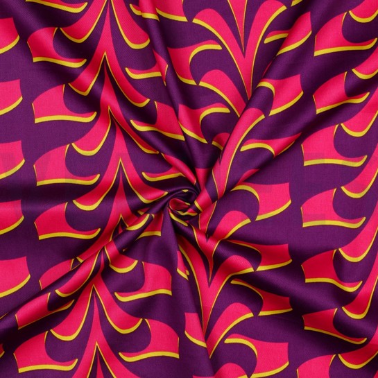 KATOEN SATIJN ABSTRACTE BLOEMEN DONKERPAARS #7