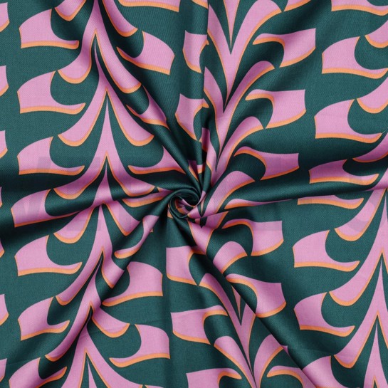 KATOEN SATIJN ABSTRACTE BLOEMEN DONKERGROEN #7