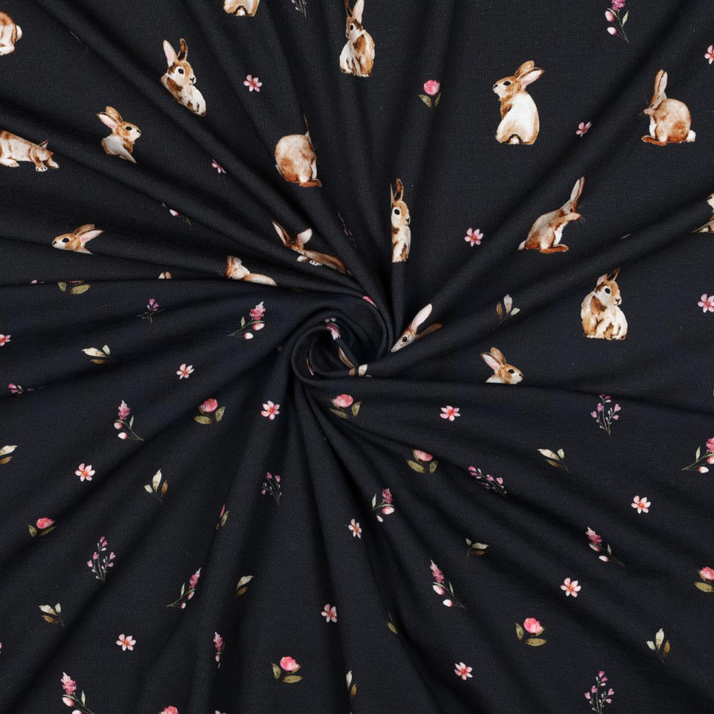 JERSEY DIGITAL RABBITS AND FLOWERS NAVY #3