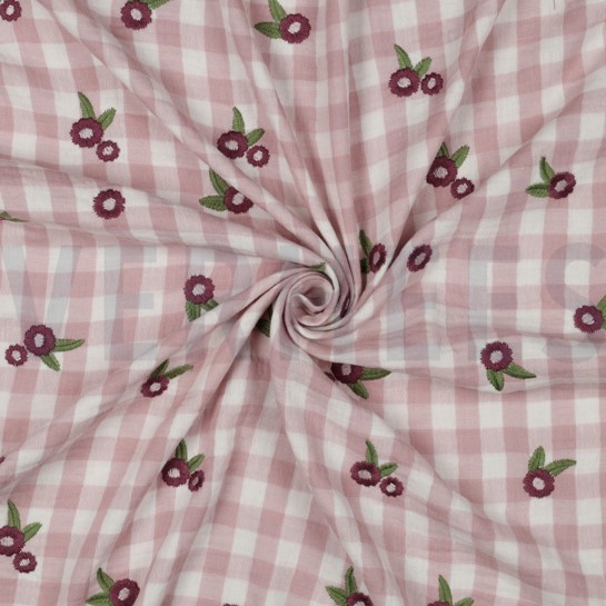 DOUBLE GAUZE CHECKS EMBROIDERY FLOWERS MAUVE #7