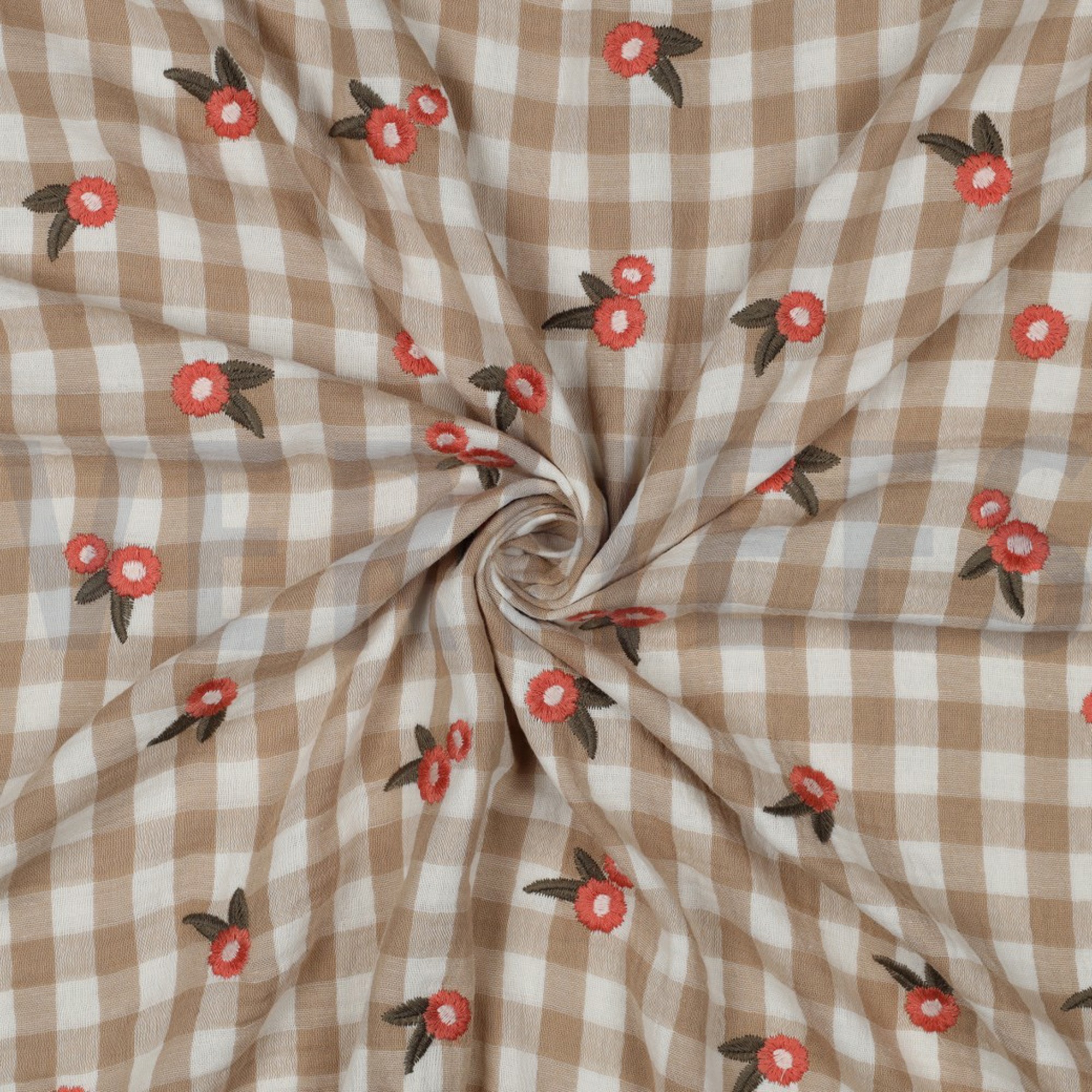 DOUBLE GAUZE CHECKS EMBROIDERY FLOWERS BEIGE (high resolution) #3