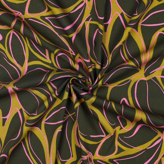 VISCOSE ROSELLA STRETCH ABSTRACT FLOWERS DARK GREEN #7