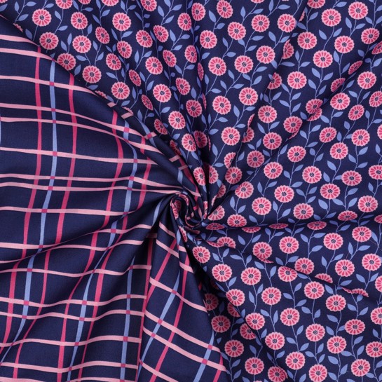 BAUMWOLLE POPELINE BLUMEN & KAROS MARINEBLAU #7