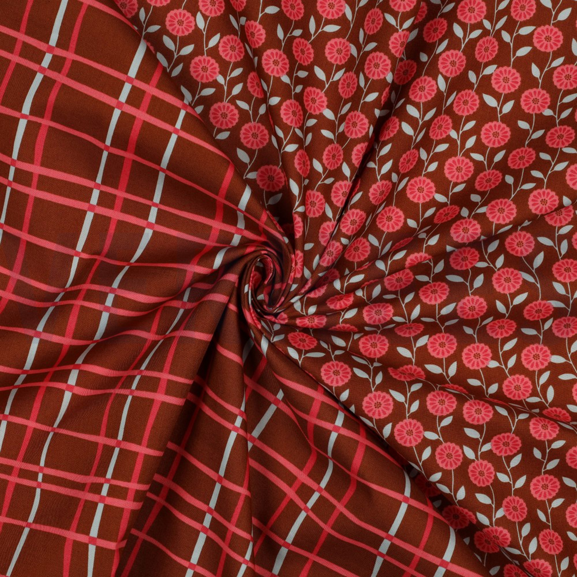 FINE POPLIN FLOWERS & CHECKS CARAMEL (high resolution) #3