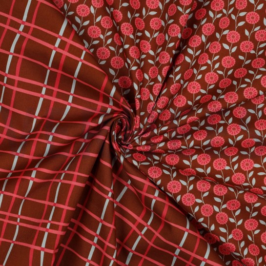 KATOENEN POPLIN BLOEMEN & RUITEN KARAMEL #7