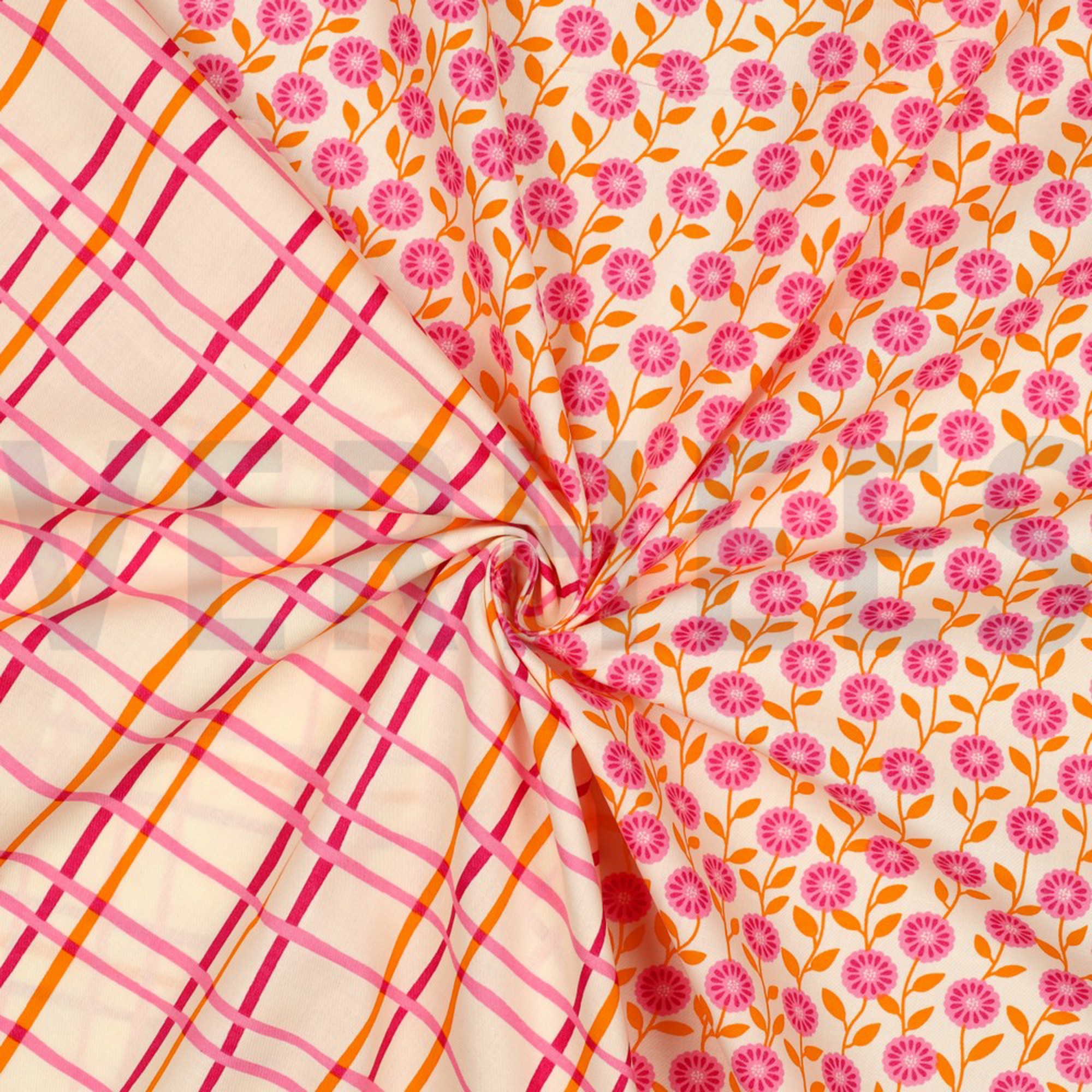 FINE POPLIN FLOWERS & CHECKS OFF WHITE (high resolution) #3