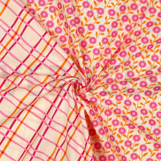 KATOENEN POPLIN BLOEMEN & RUITEN GEBROKEN WIT #7