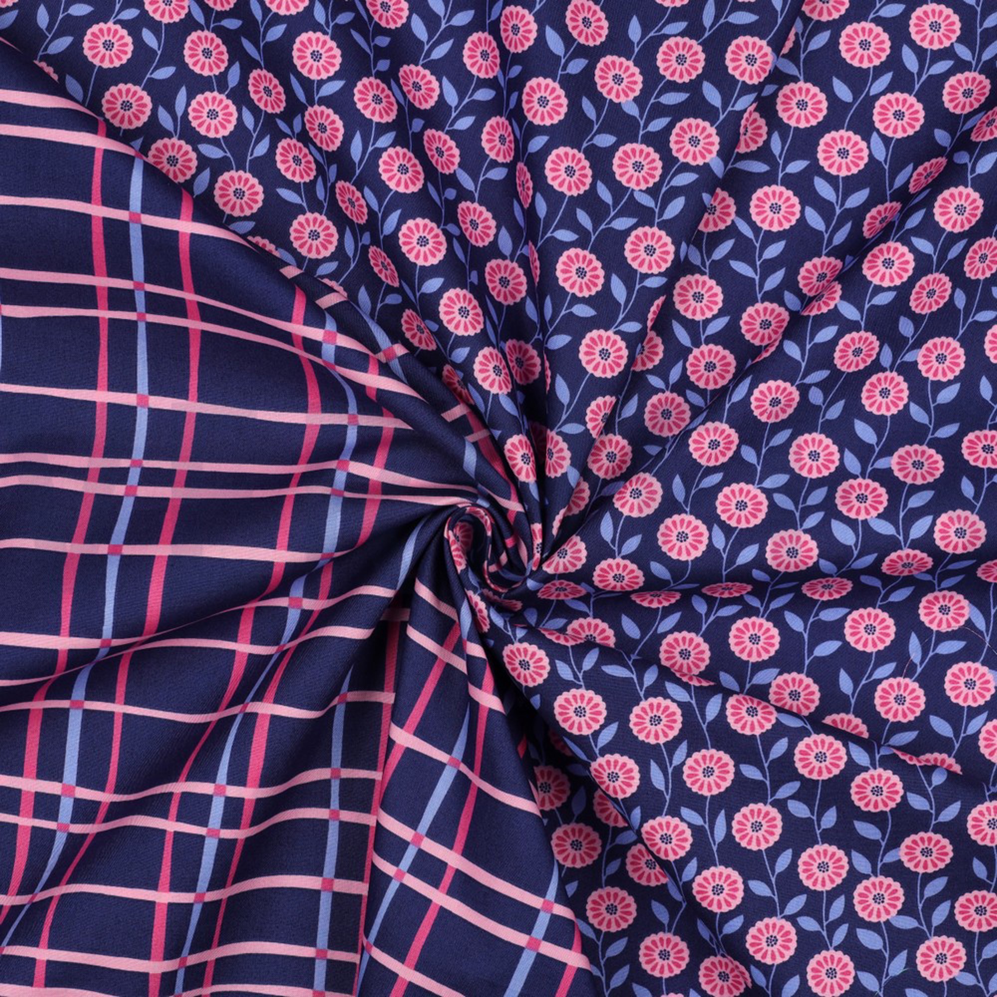 FINE POPLIN FLOWERS & CHECKS NAVY (high resolution) #3