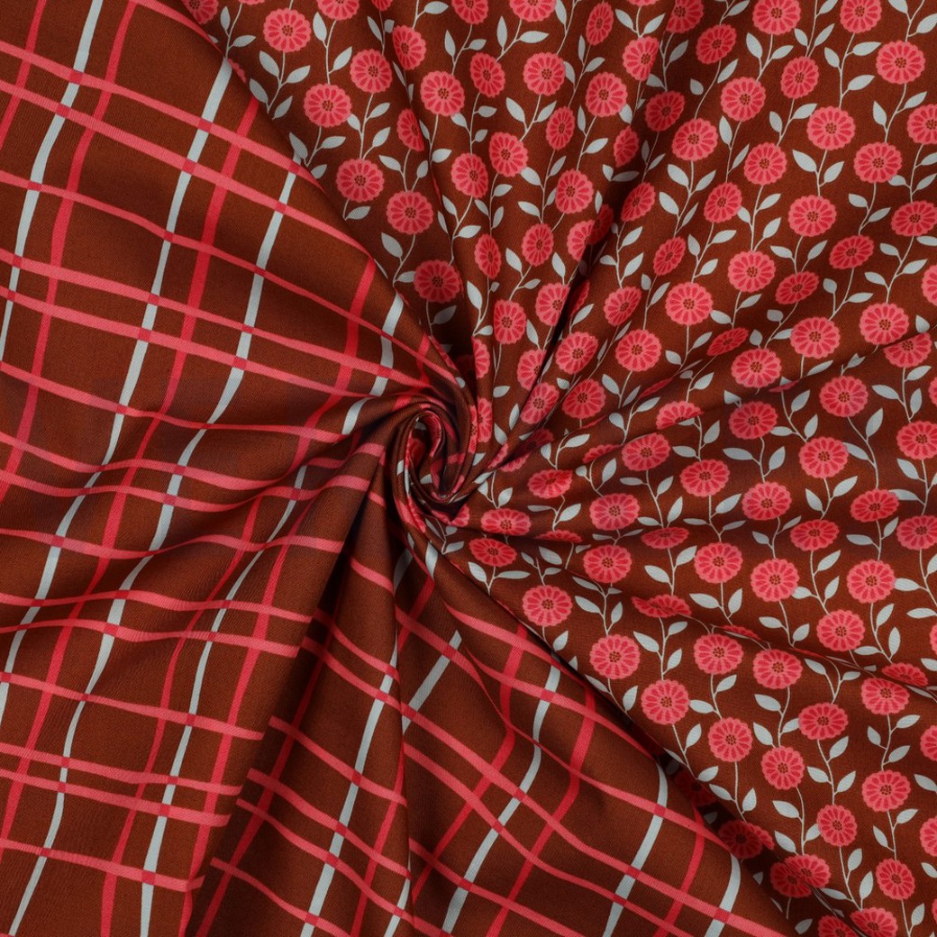 FINE POPLIN FLOWERS & CHECKS CARAMEL #3