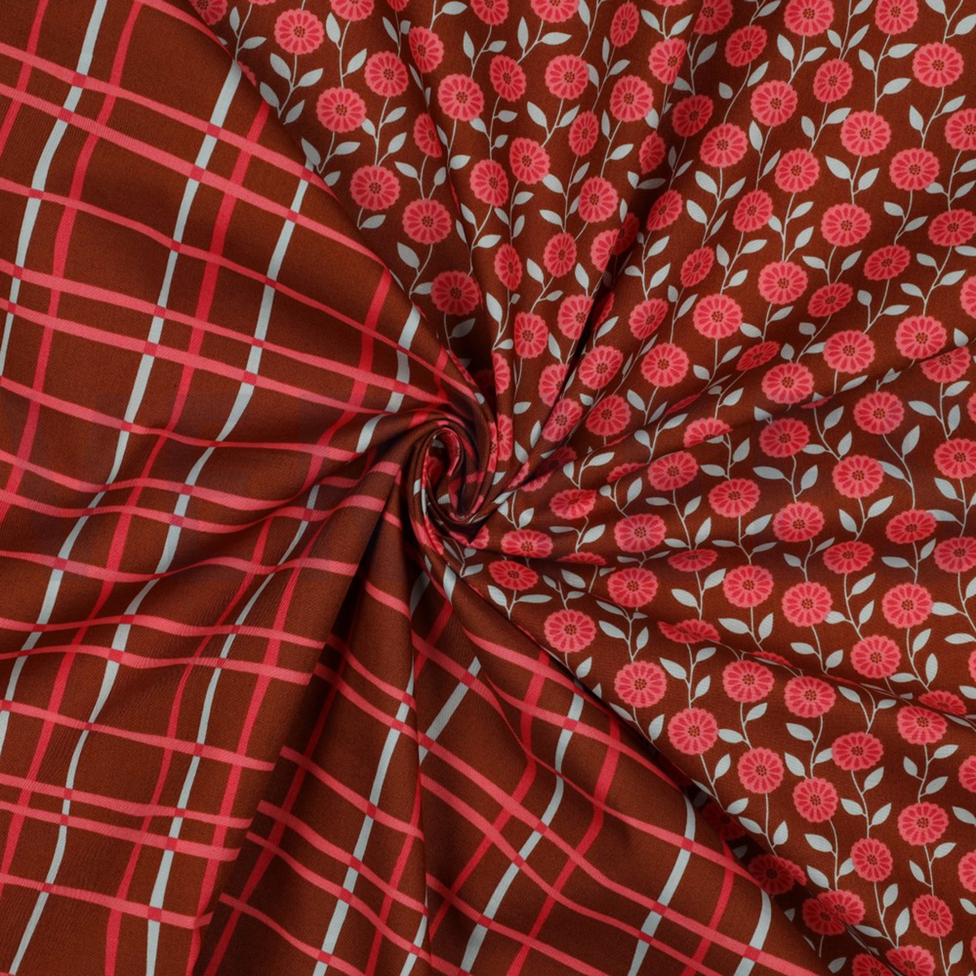 FINE POPLIN FLOWERS & CHECKS CARAMEL (high resolution) #3