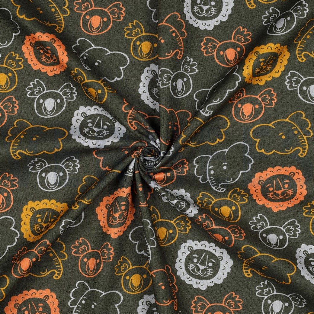 FINE POPLIN SAFARI ANIMALS DARK GREEN #3
