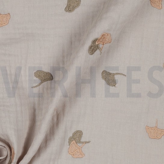 MUSSELIN STICKEREI BLÄTTER HELL SAND #7