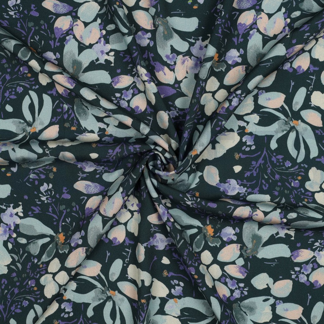 VISCOSE POPLIN STRETCH DIGITAL FLOWERS PETROL #3