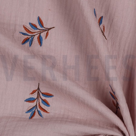 DOUBLE GAZE DE COTON BRODERIE FEUILLES LILAS #7