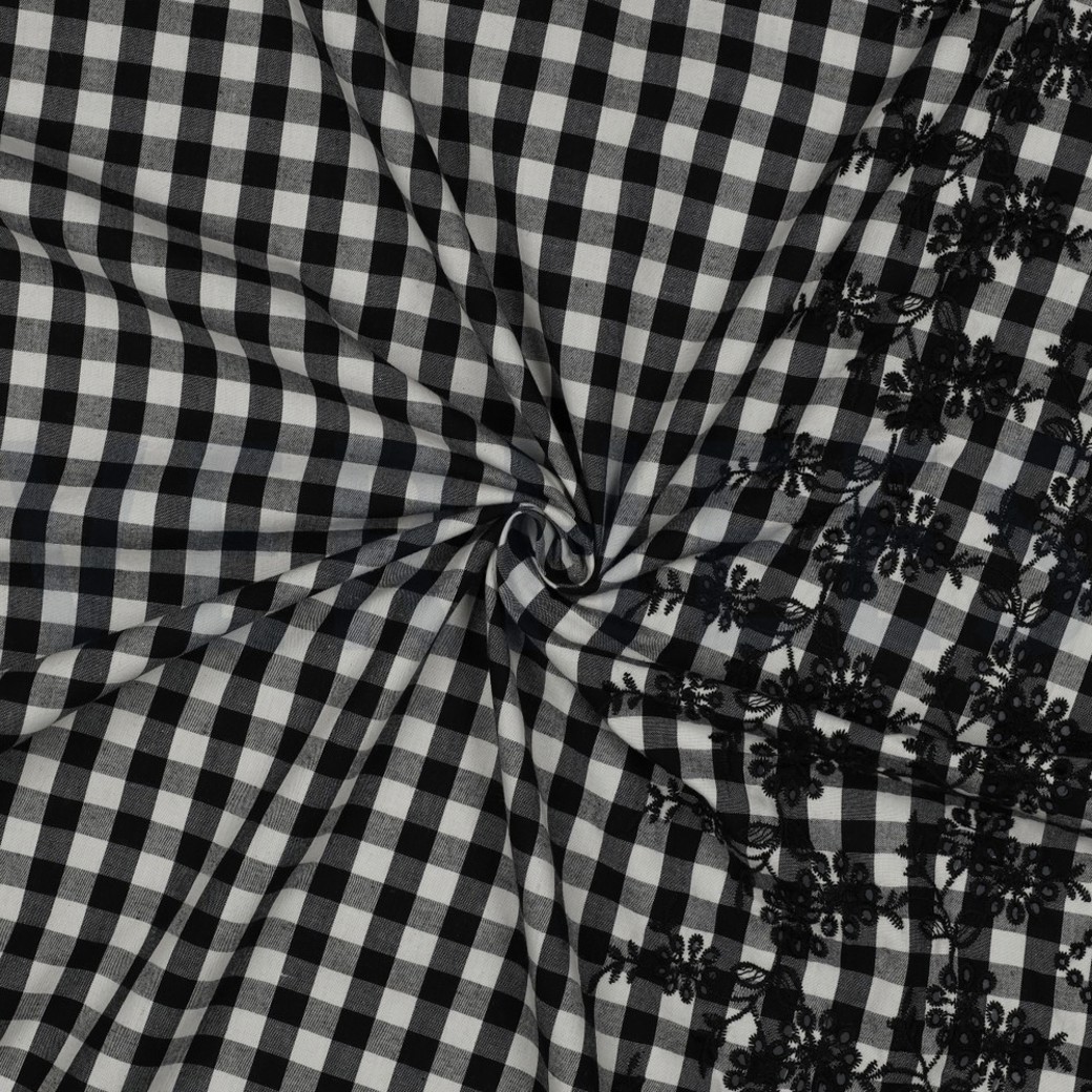 COTTON CHECKS ONE-SIDE BORDER ONE-SIDE SCALLOP BLACK / WHITE #3