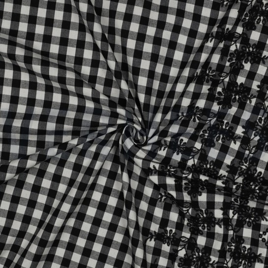 COTTON CHECKS ONE-SIDE BORDER ONE-SIDE SCALLOP BLACK/ WHITE #7