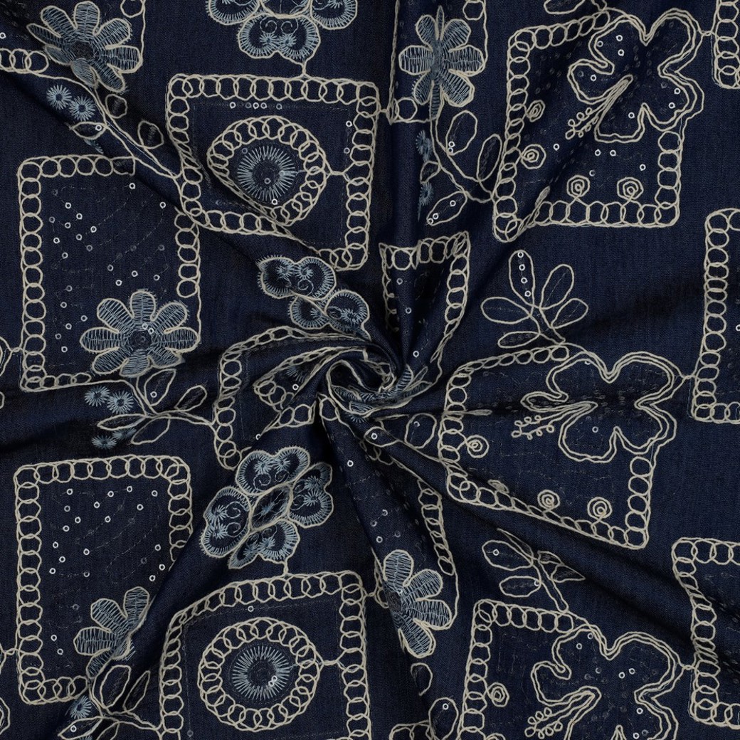 DENIM EMBROIDERY FLOWERS SEQUINS DARK BLUE #3