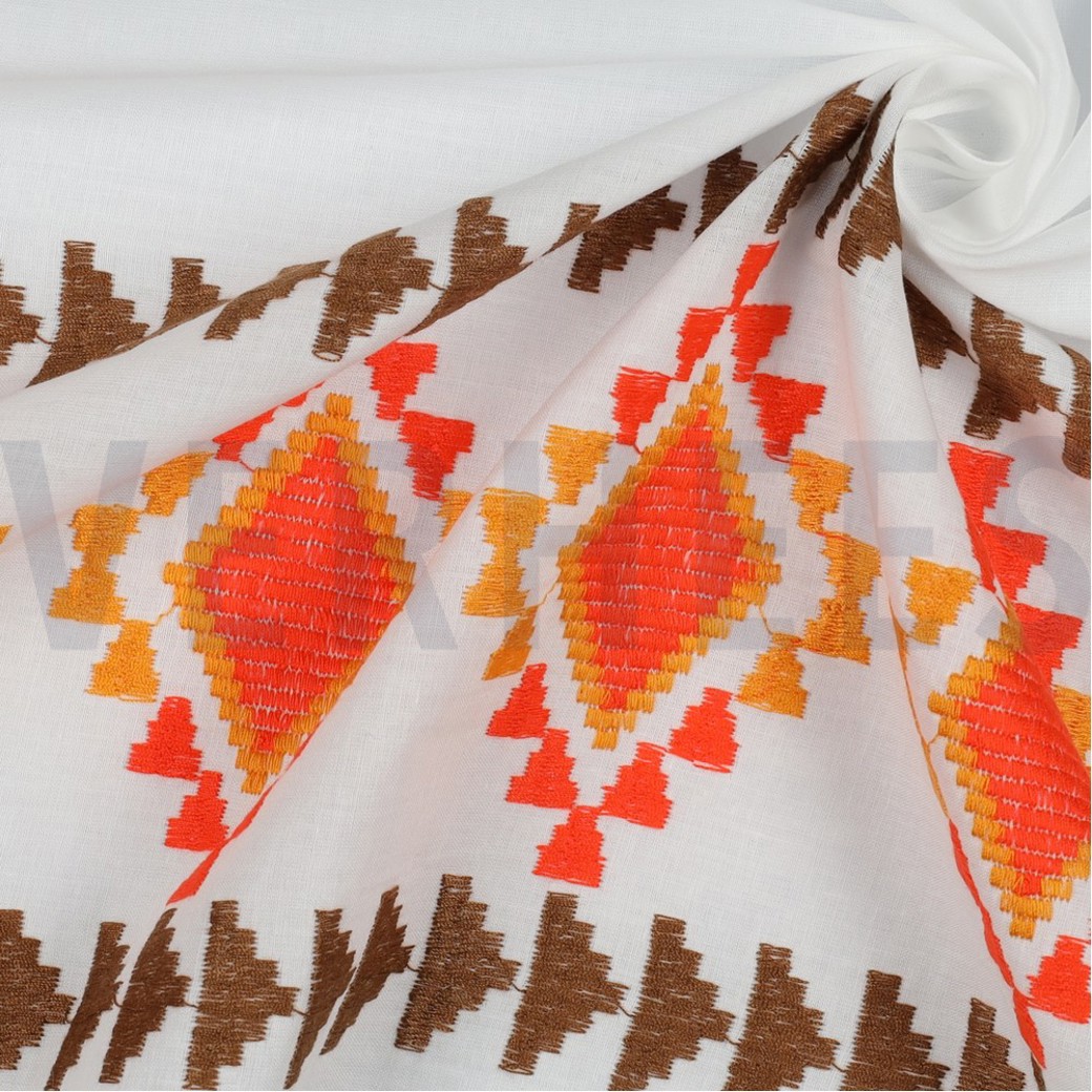 COTTON VOILE EMBROIDERY 1-SIDE WHITE / BROWN #3