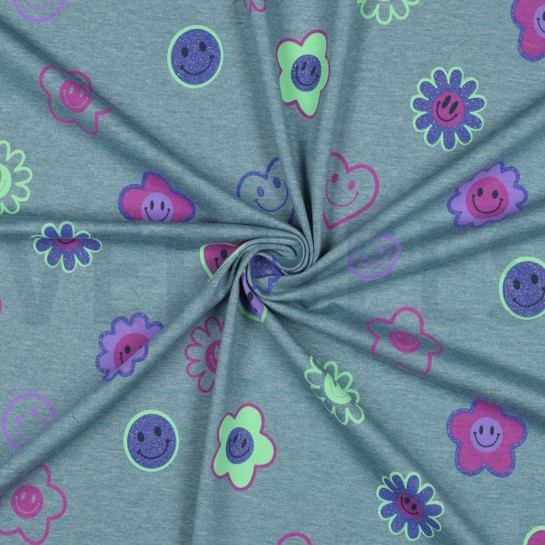 JERSEY MELANGE GLITTER SMILEYS ROOKBLAUW #7
