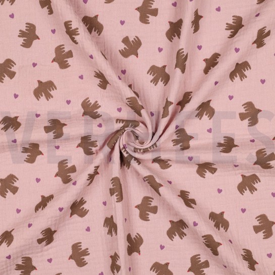 DOUBLE GAUZE GOTS BIRDS SOFT ROSE #7