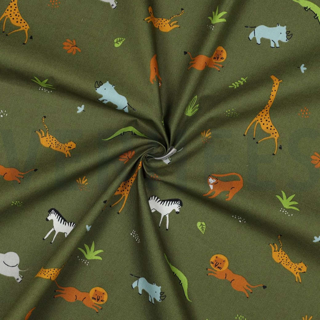 POPLIN GOTS ANIMALS ARMY GREEN #3