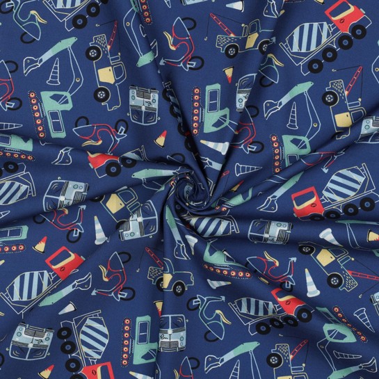 BAUMWOLLE POPELINE ARBEITSFAHRZEUGE BLAU #7