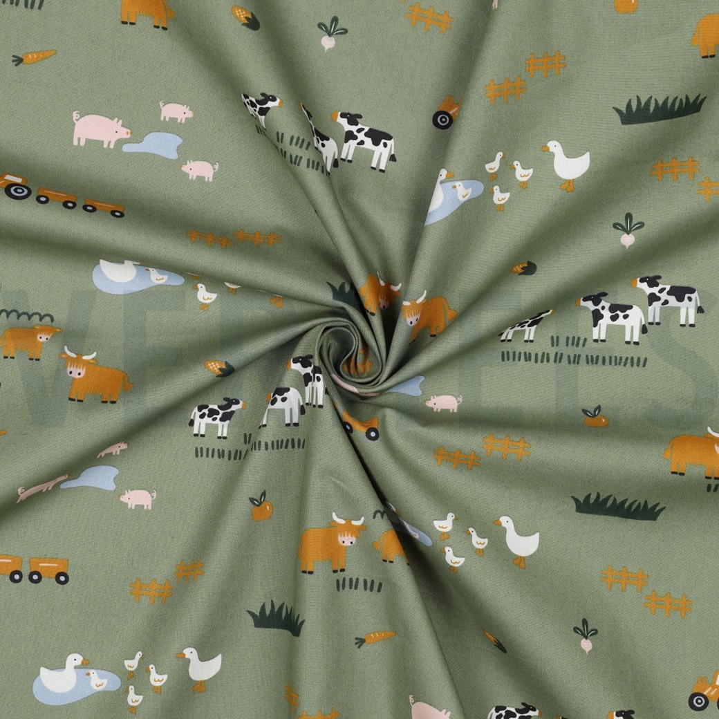 FINE POPLIN FARM ANIMALS ARMY GREEN #3