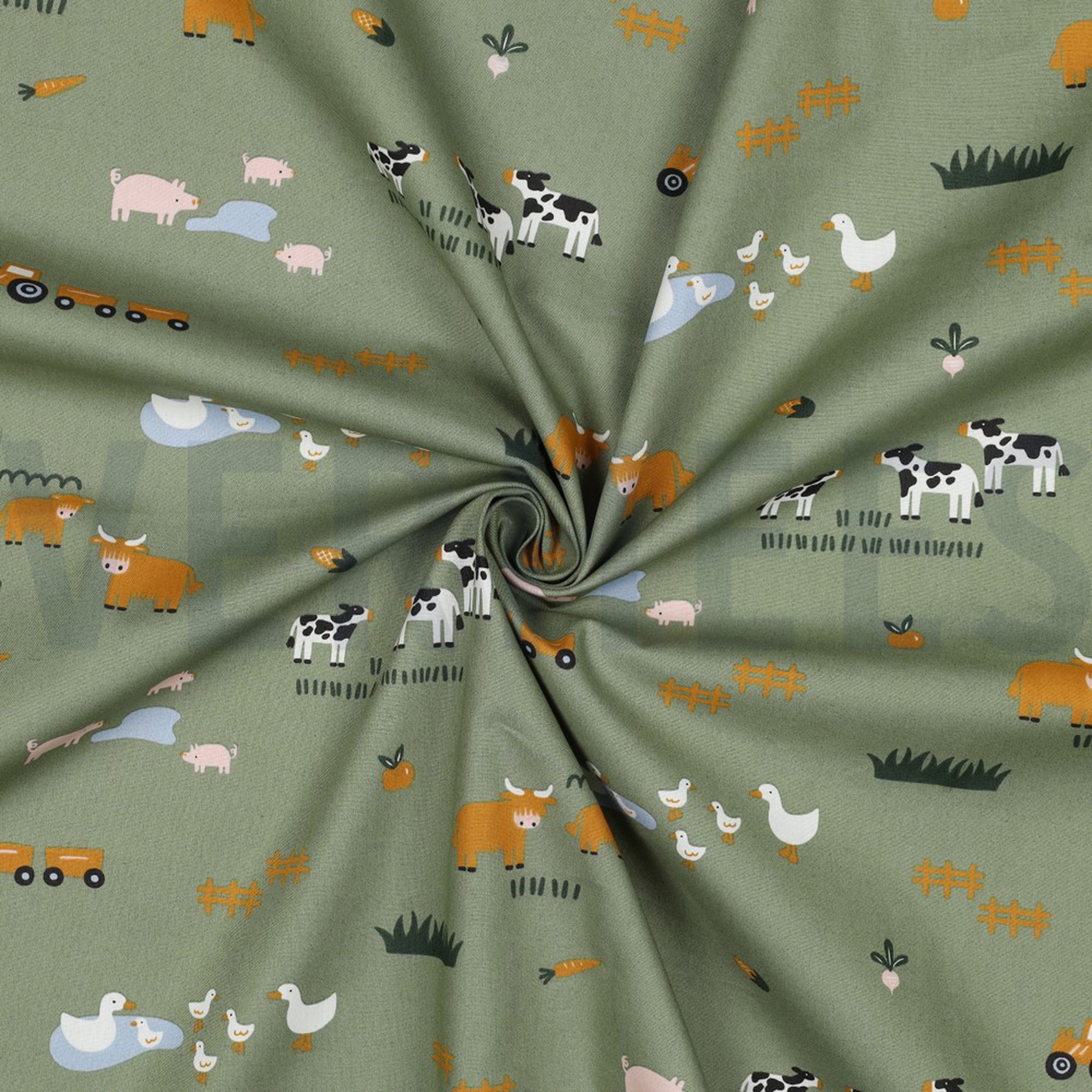 FINE POPLIN FARM ANIMALS ARMY GREEN (high resolution) #3