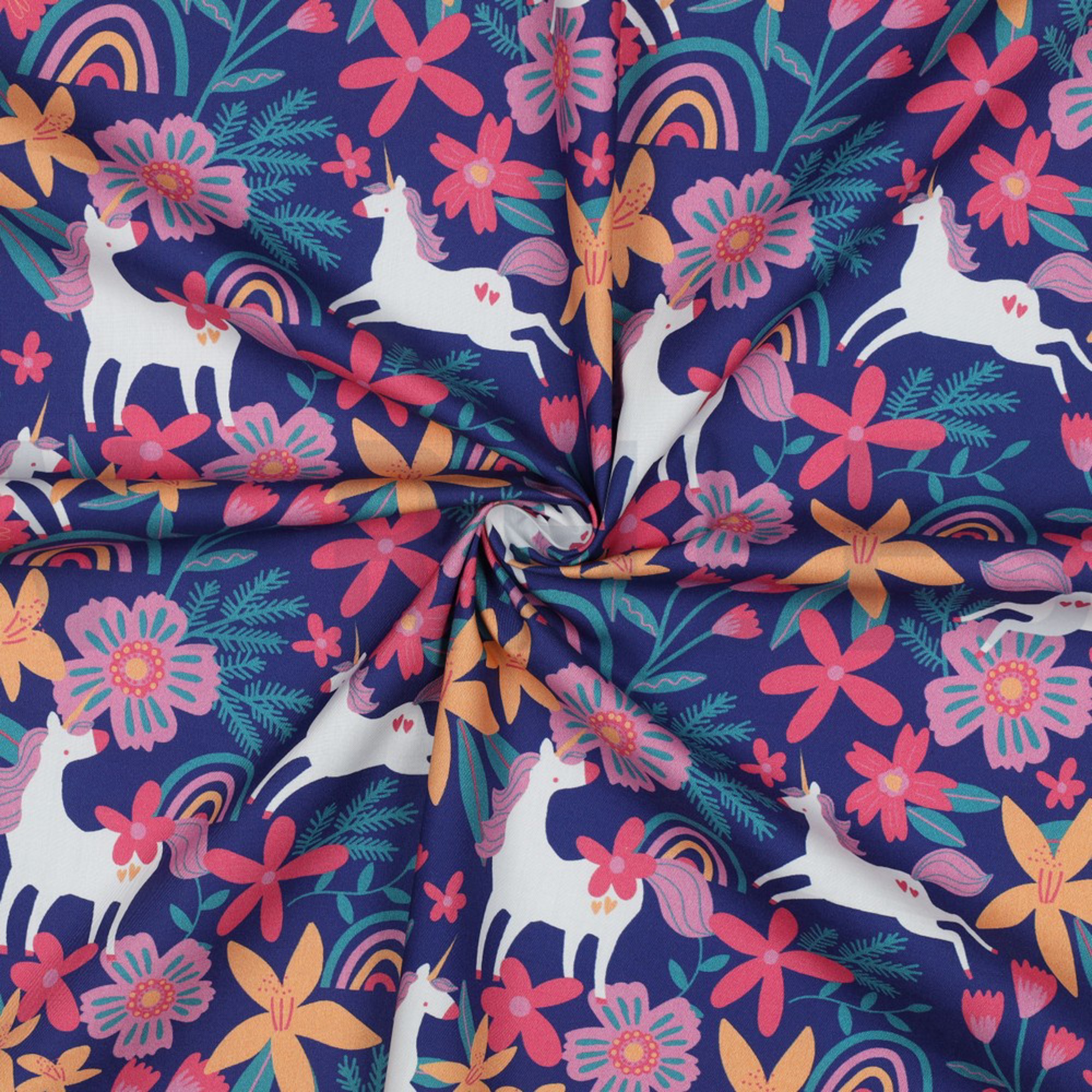 FINE POPLIN FLOWERS AND UNICORNS COBALT (high resolution) #3