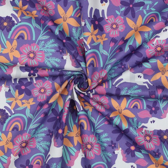 KATOENEN POPLIN BLOEMEN EN EENHOORNS LAVENDEL #7