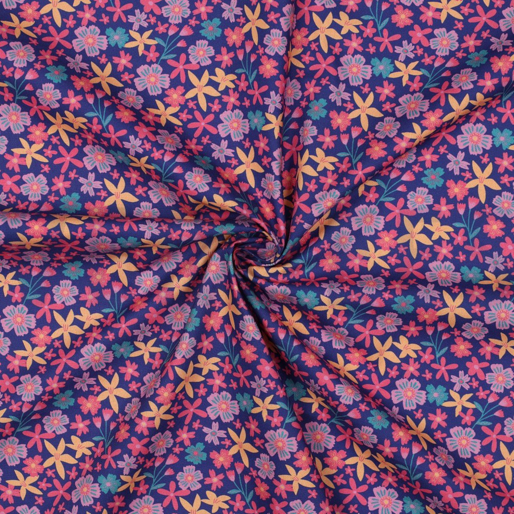 FINE POPLIN FLOWERS AND UNICORNS COBALT #3