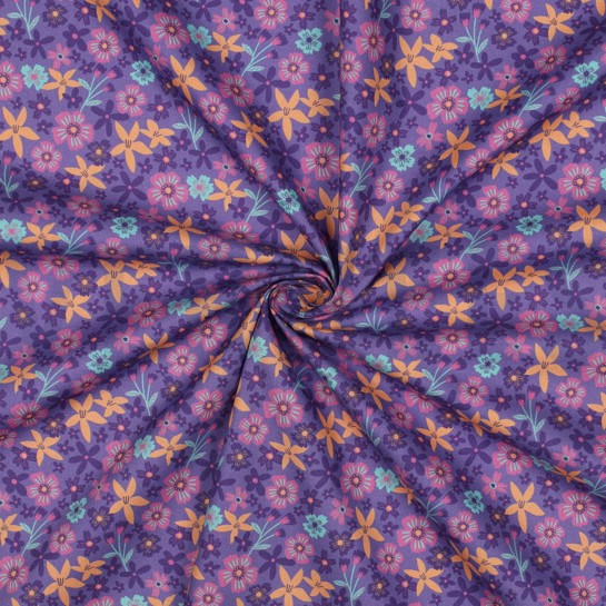 KATOENEN POPLIN BLOEMEN EN EENHOORNS LAVENDEL #7