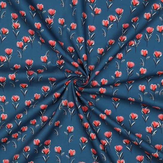 BAUMWOLLE POPELINE DIGITAL BLÜTEN PETROL #7