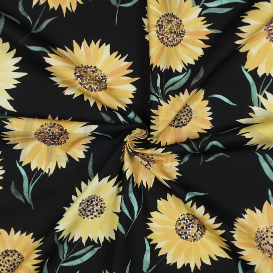 BAUMWOLLE POPELINE DIGITAL SONNENBLUMEN SCHWARZ #7