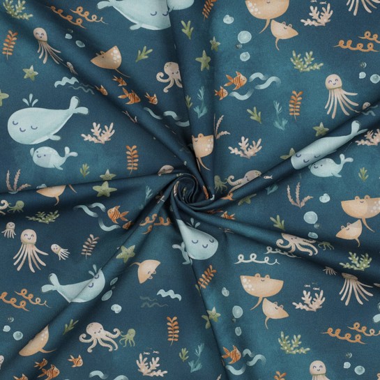 POPELINE DE COTON DIGITAL BALEINES PÉTROLE #7