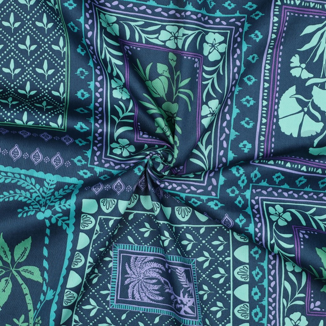 COTTON SATIN PATCHWORK FLOWERS PETROL #3
