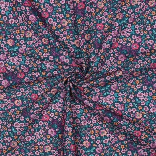 KATOENEN POPLIN DIGITAAL BLOEMEN DONKER PETROL #7