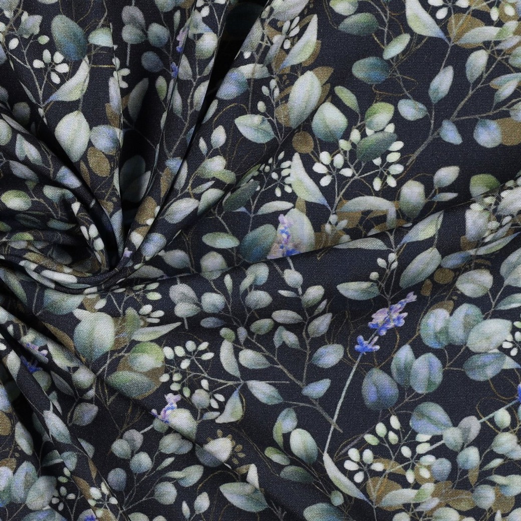 VISCOSE POPLIN STRETCH DIGITAL LEAVES NAVY #3