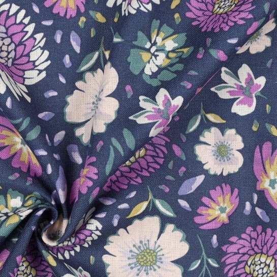 LEINEN VISKOSE GEWASCHEN BLUMEN MARINE #7