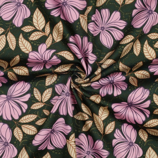 KATOEN SATIJN BLOEMEN DONKERGROEN #7