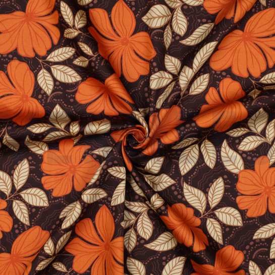 KATOEN SATIJN BLOEMEN DONKERBRUIN #7